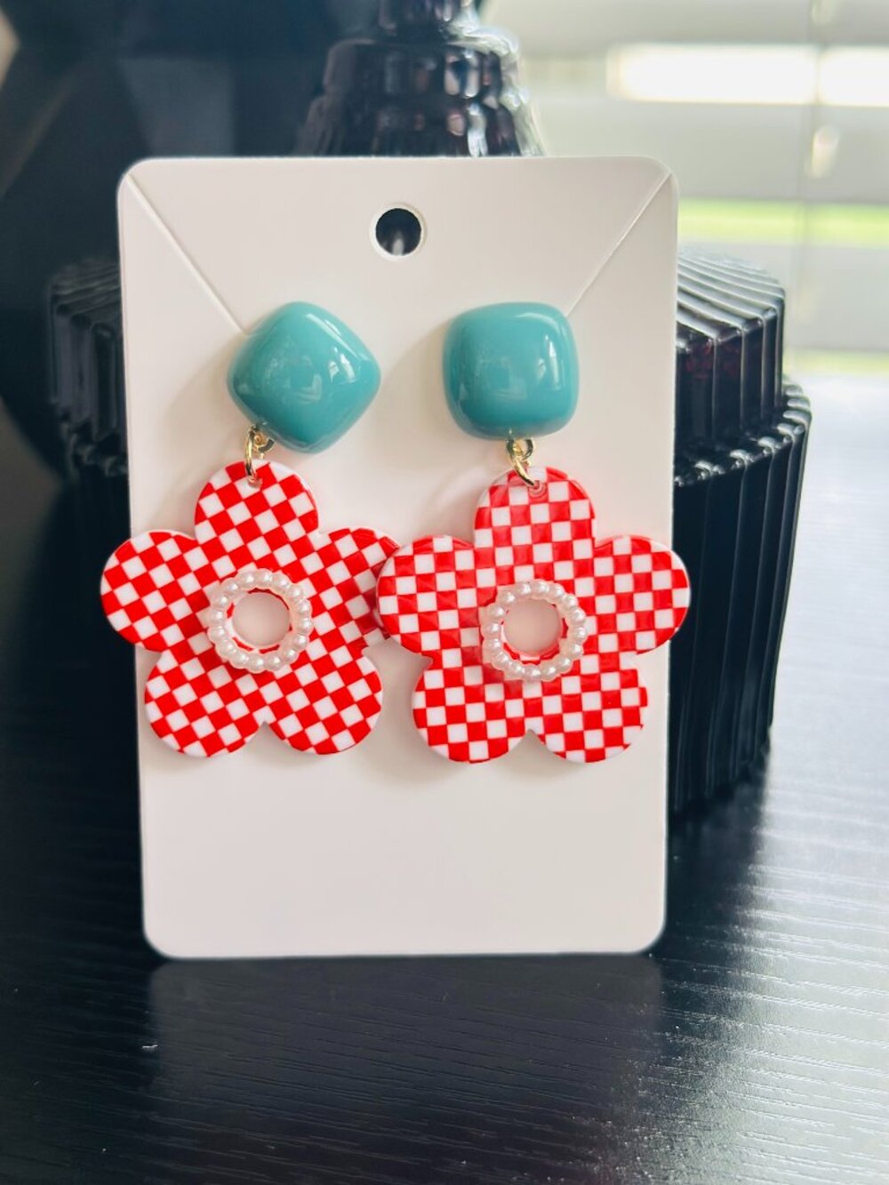 NEW Red Checkerboard Flower Drop Earrings Faux Pearl Center Funky Vintage Mod